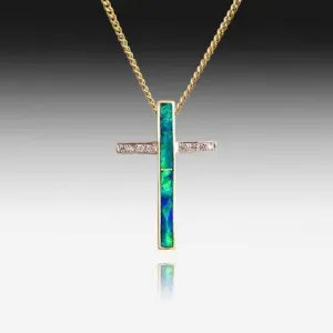 14kt Yellow Gold cross Inlay Opal and Diamond