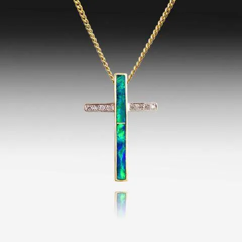 14kt Yellow Gold cross Inlay Opal and Diamond