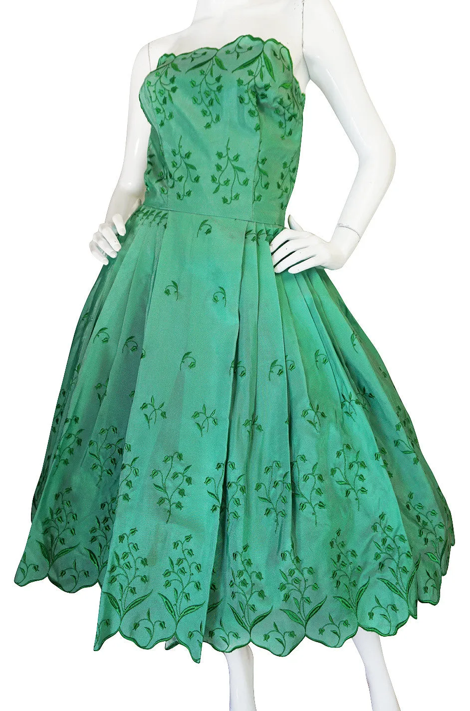 1950s Gorgeous Green Strapless Full Skirt Dress