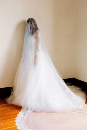 1T Tulle With Lace Cathedral Length Wedding Bridal Veil V11