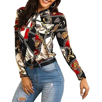 2021 Chain print ladies Shirt with long-sleeved Sizes S - 2XL