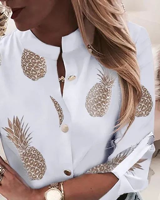 2021 Women Long Sleeve Gold Print Blouse V Neck Sizes S - 2XL