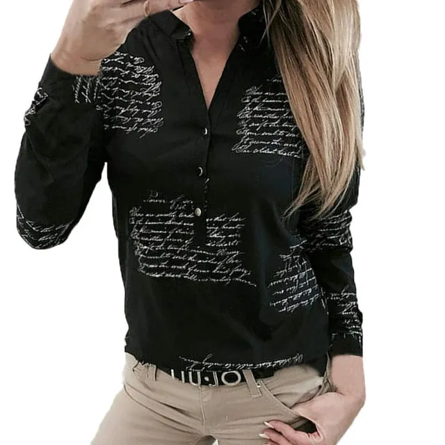 2021 Women's Long Sleeve  V Neck Letters Printing Shirt Sizes S - 3XL