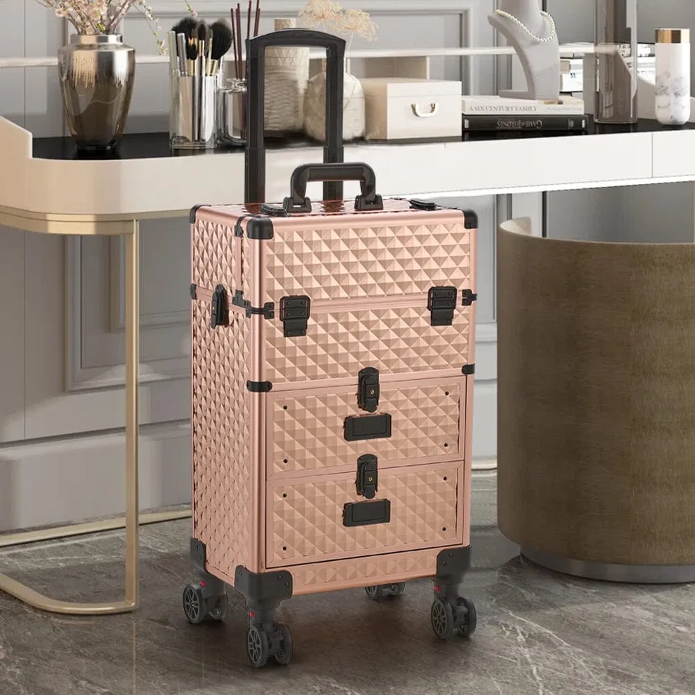 3 in 1 Large Rose Gold Cosmetic Trolley Case on Wheels with 2 Drawers