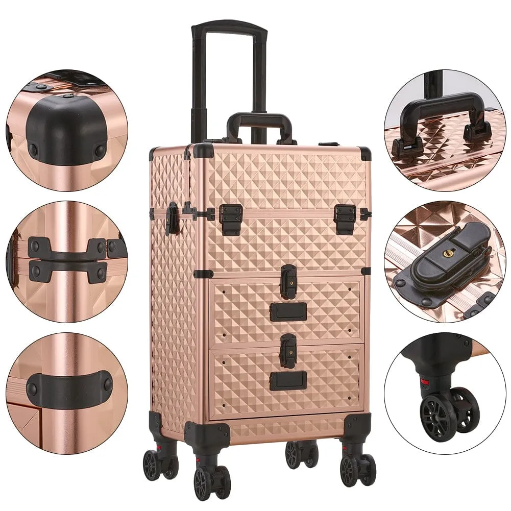 3 in 1 Large Rose Gold Cosmetic Trolley Case on Wheels with 2 Drawers