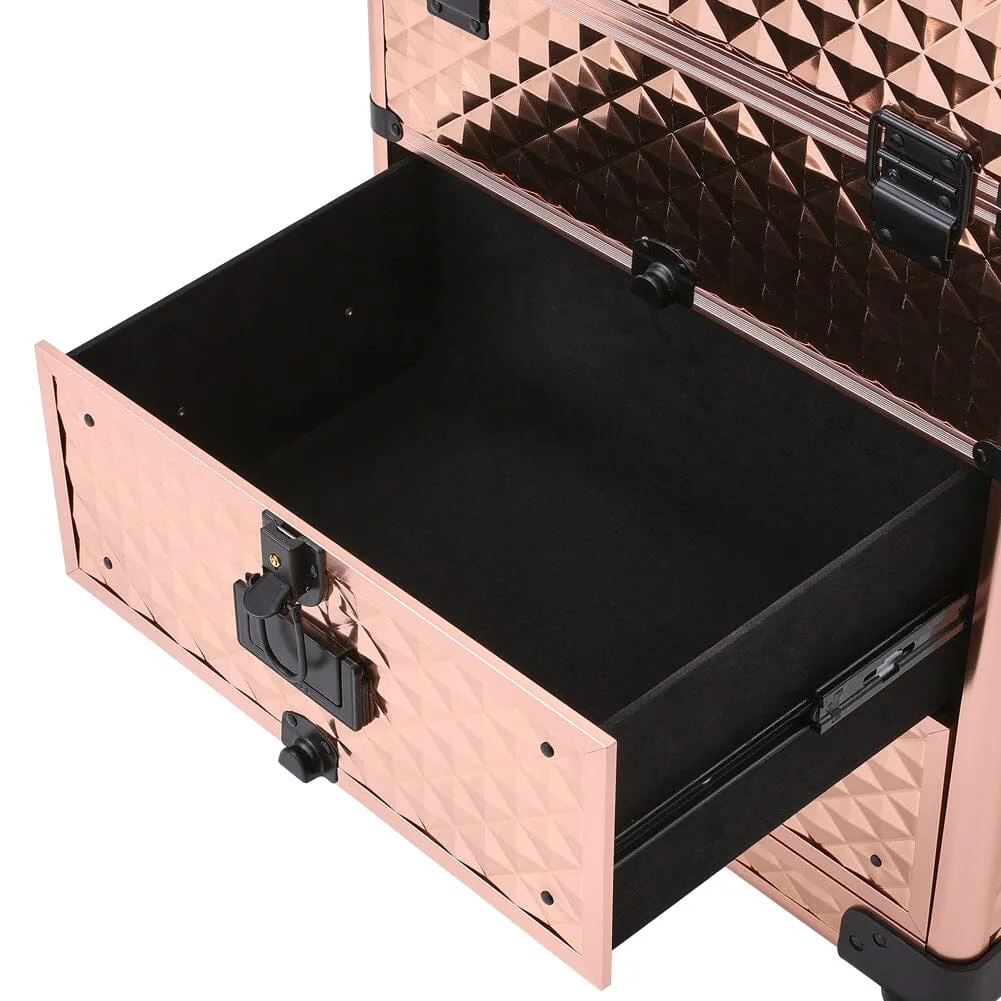 3 in 1 Large Rose Gold Cosmetic Trolley Case on Wheels with 2 Drawers