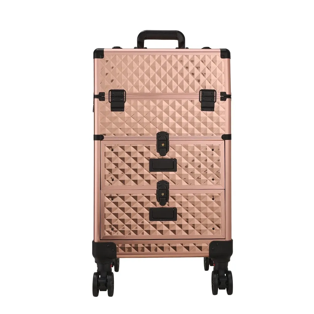 3 in 1 Large Rose Gold Cosmetic Trolley Case on Wheels with 2 Drawers