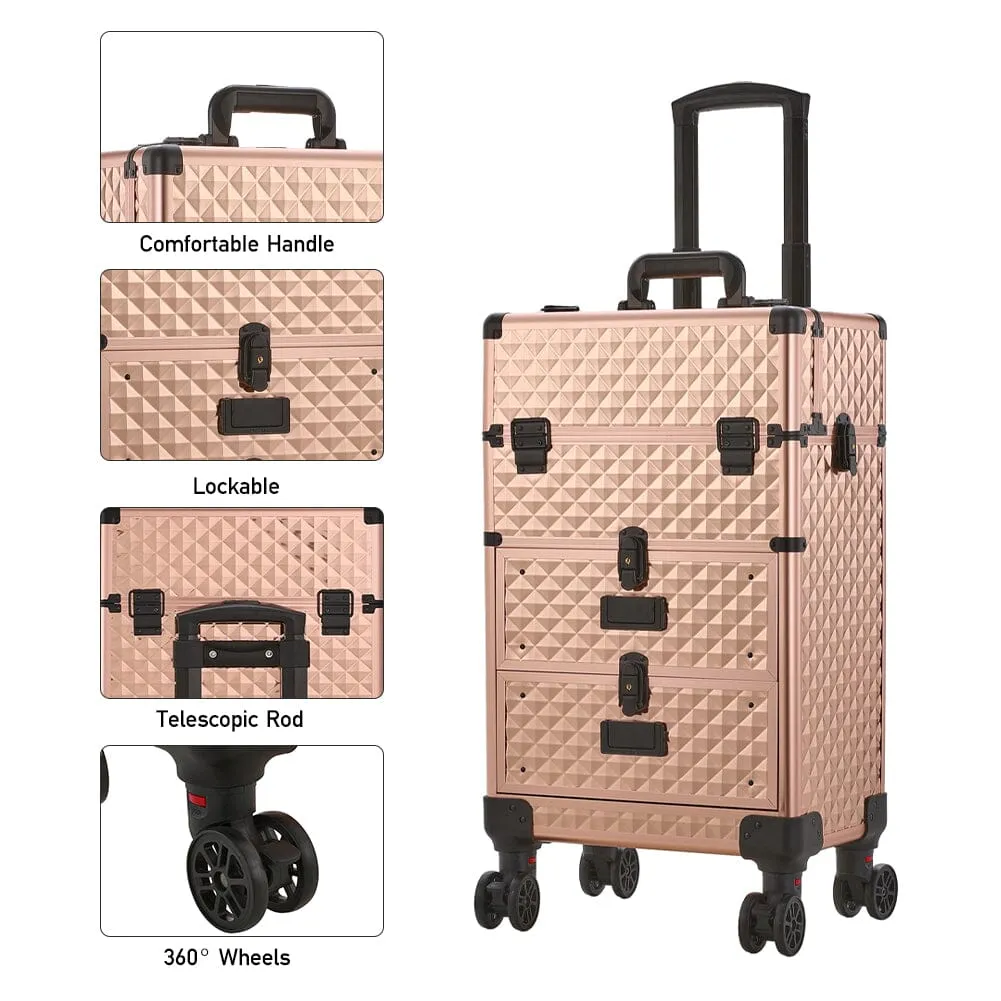 3 in 1 Large Rose Gold Cosmetic Trolley Case on Wheels with 2 Drawers