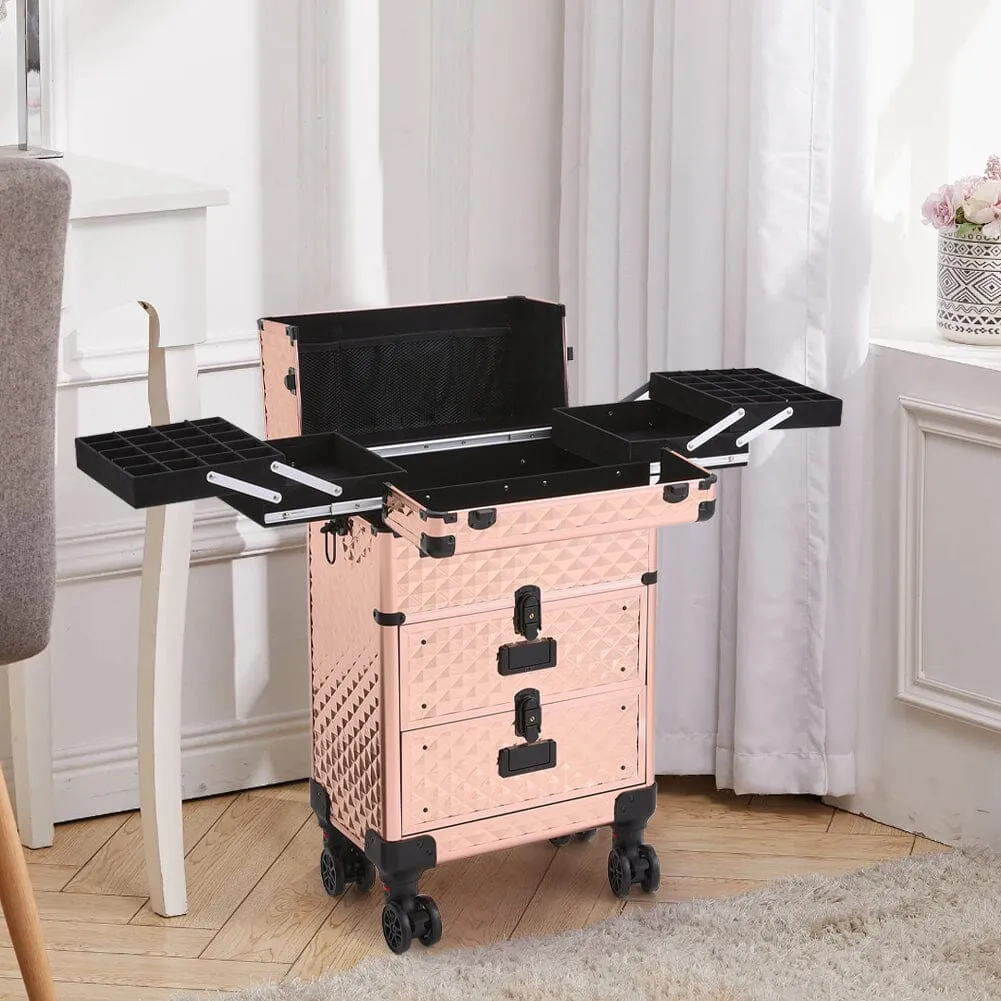 3 in 1 Large Rose Gold Cosmetic Trolley Case on Wheels with 2 Drawers