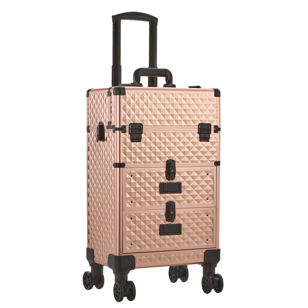 3 in 1 Large Rose Gold Cosmetic Trolley Case on Wheels with 2 Drawers