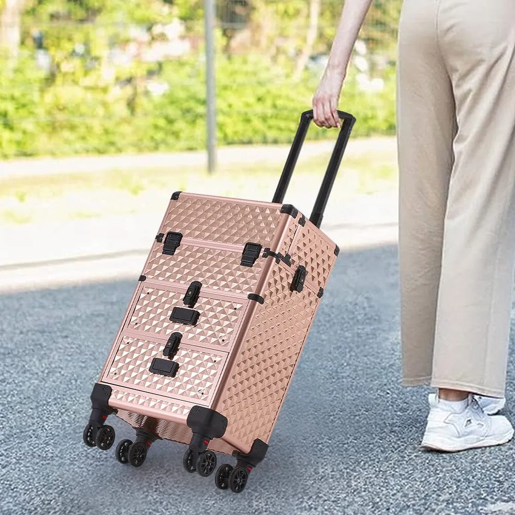 3 in 1 Large Rose Gold Cosmetic Trolley Case on Wheels with 2 Drawers