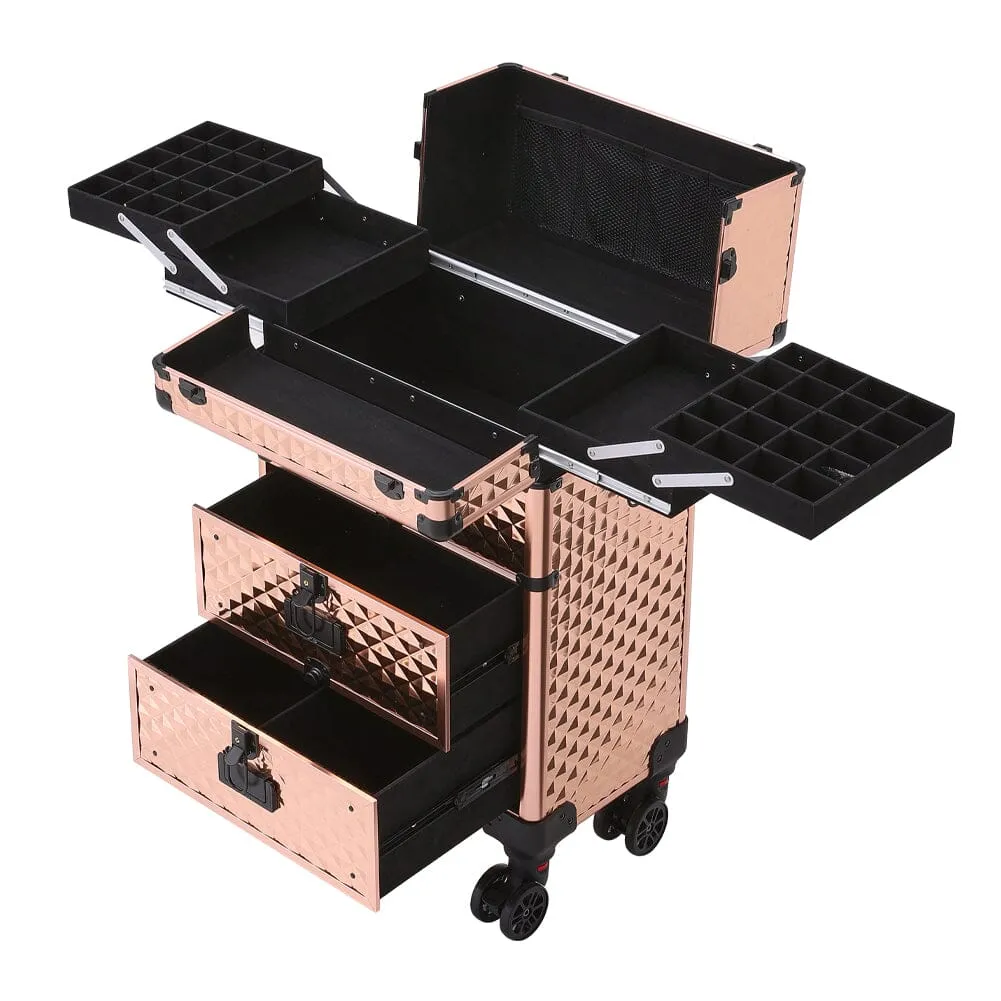 3 in 1 Large Rose Gold Cosmetic Trolley Case on Wheels with 2 Drawers