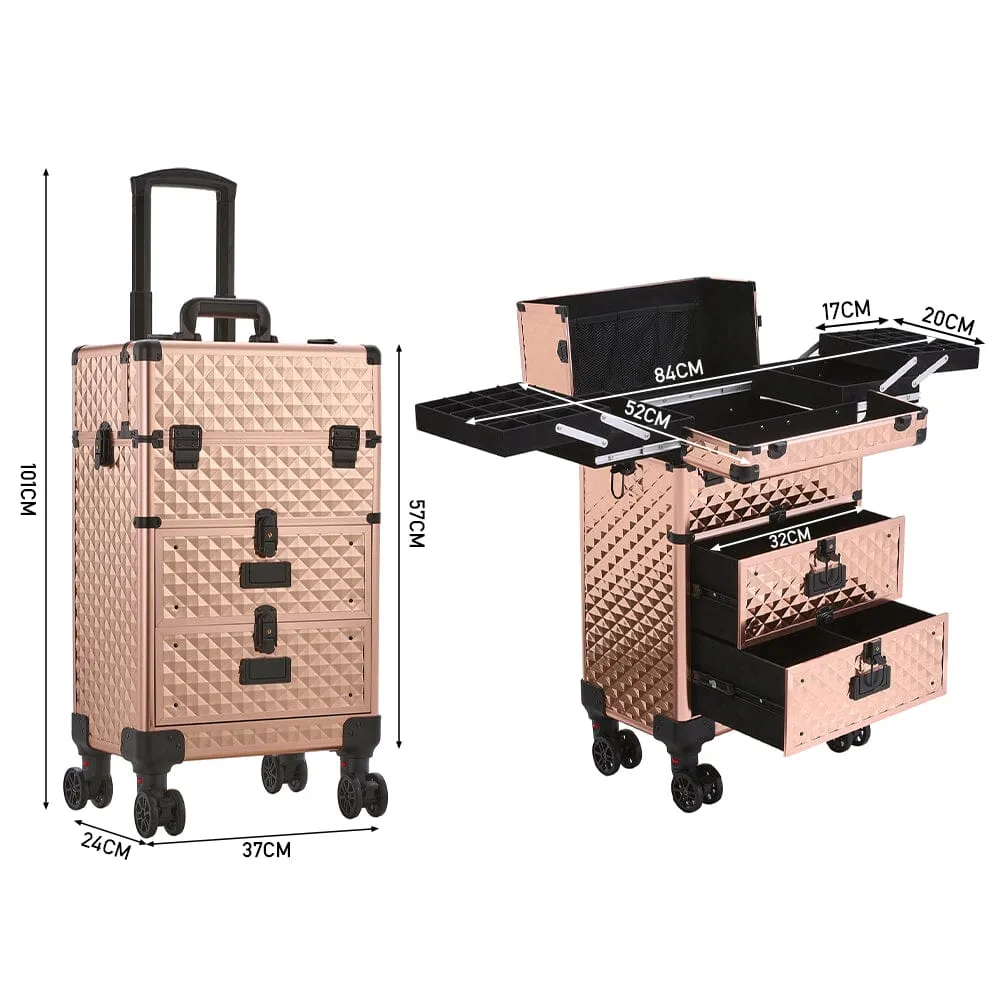 3 in 1 Large Rose Gold Cosmetic Trolley Case on Wheels with 2 Drawers