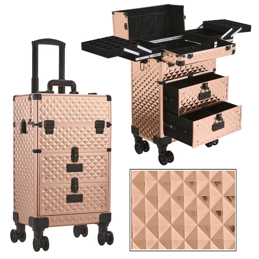 3 in 1 Large Rose Gold Cosmetic Trolley Case on Wheels with 2 Drawers