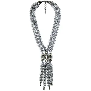 #926n Silver Deconstructed Chain Necklace With Fringed Leather & Metal Button Pendant