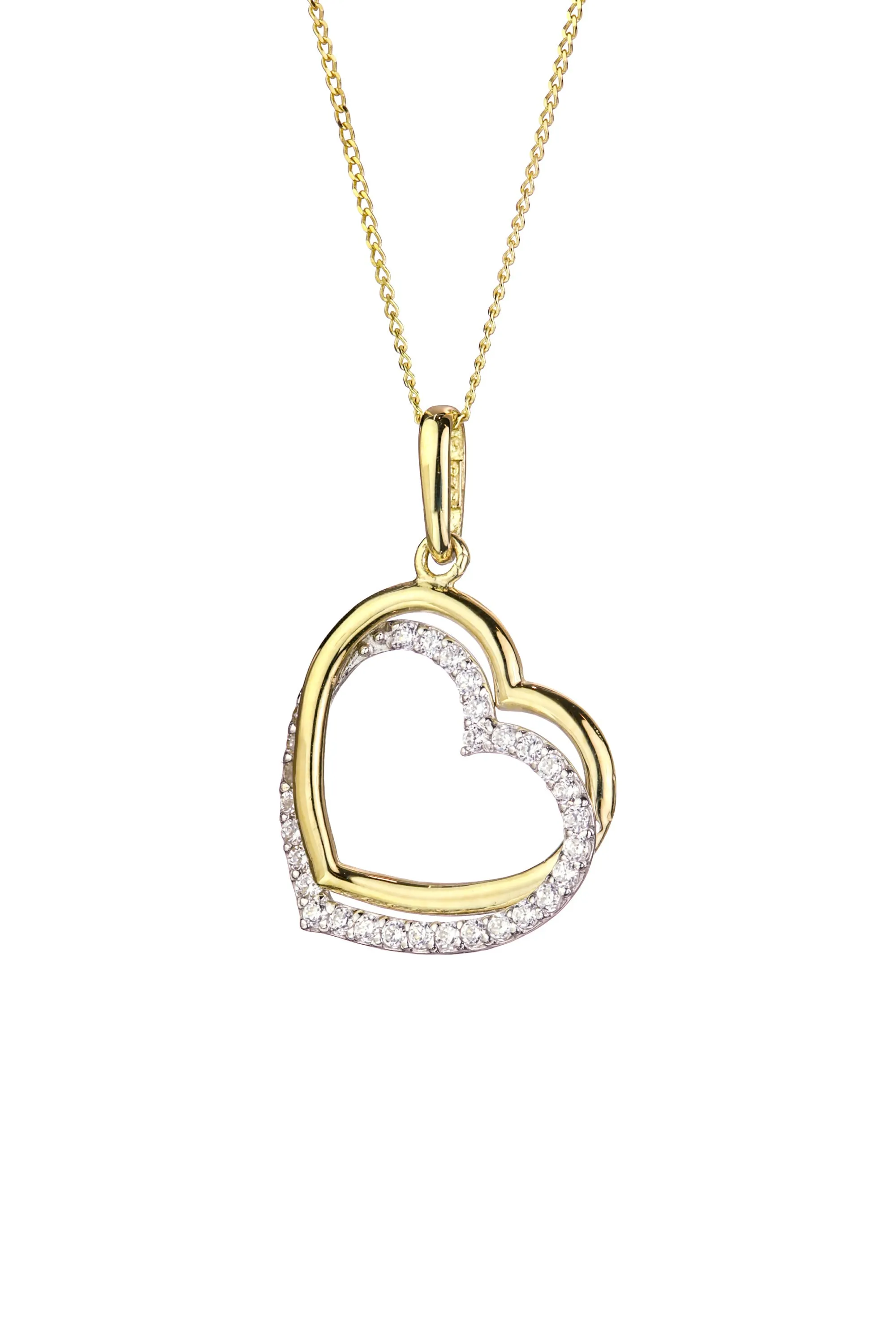 9ct Yellow Gold Cubic Zirconia Double Heart Pendant Necklace