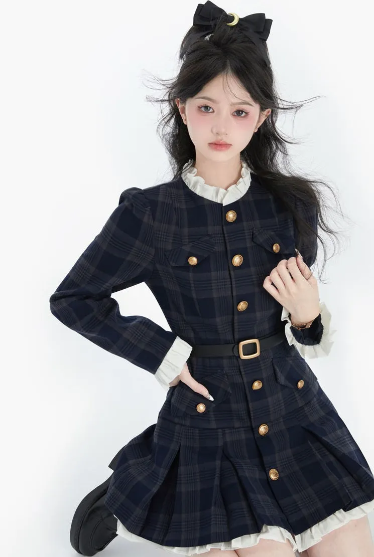 Acacia Milan Girl Chic Black Navy Blue Plaid Sweet Dress Coat