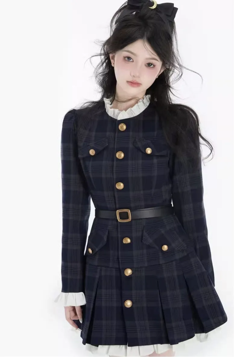 Acacia Milan Girl Chic Black Navy Blue Plaid Sweet Dress Coat