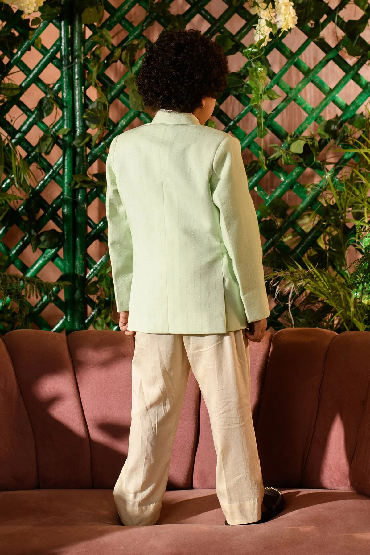 Afna  - 

 Pastel Green Blazer Paired With Vegan Silk  Trouser Set