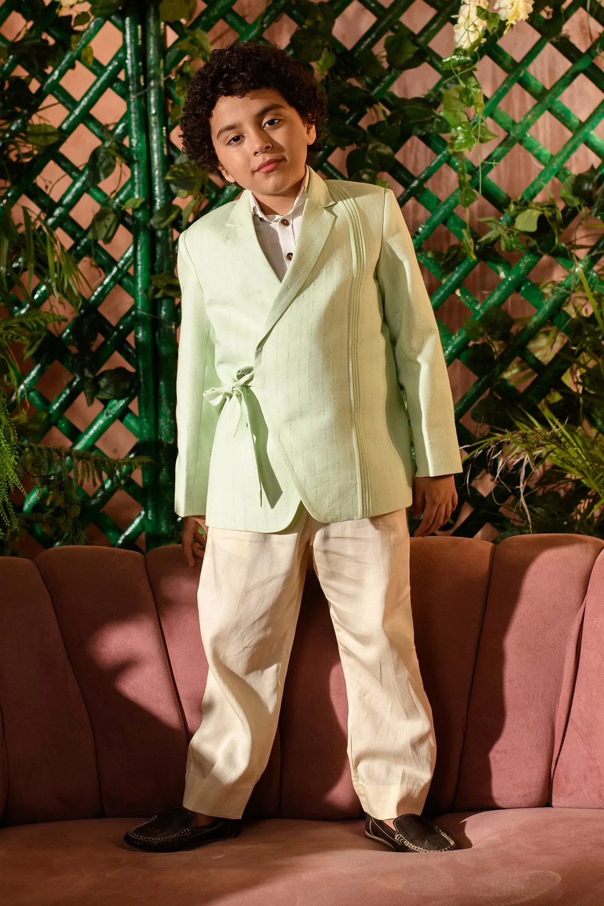 Afna  - 

 Pastel Green Blazer Paired With Vegan Silk  Trouser Set