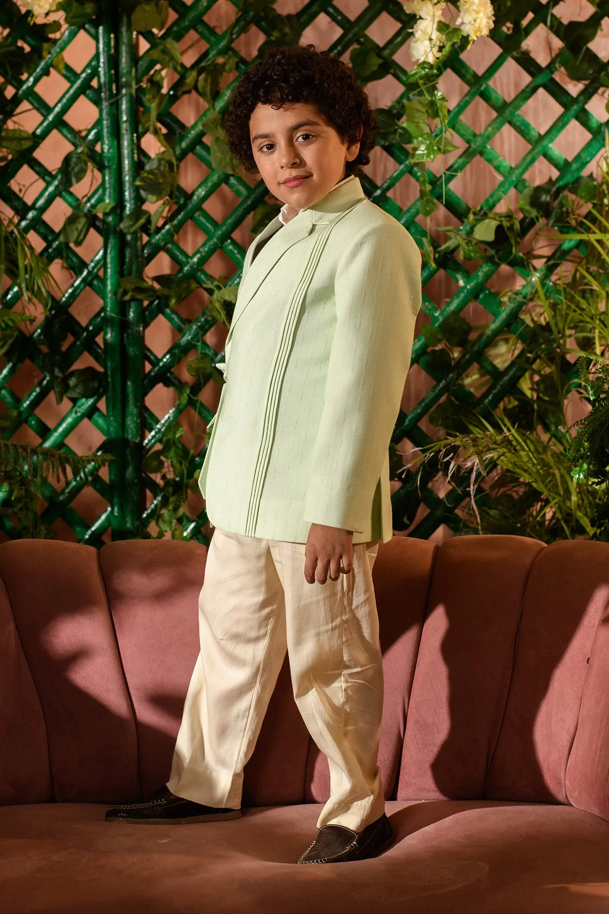 Afna  - 

 Pastel Green Blazer Paired With Vegan Silk  Trouser Set