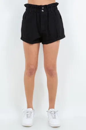 American Bazi Black High Waist Paper Bag Shorts