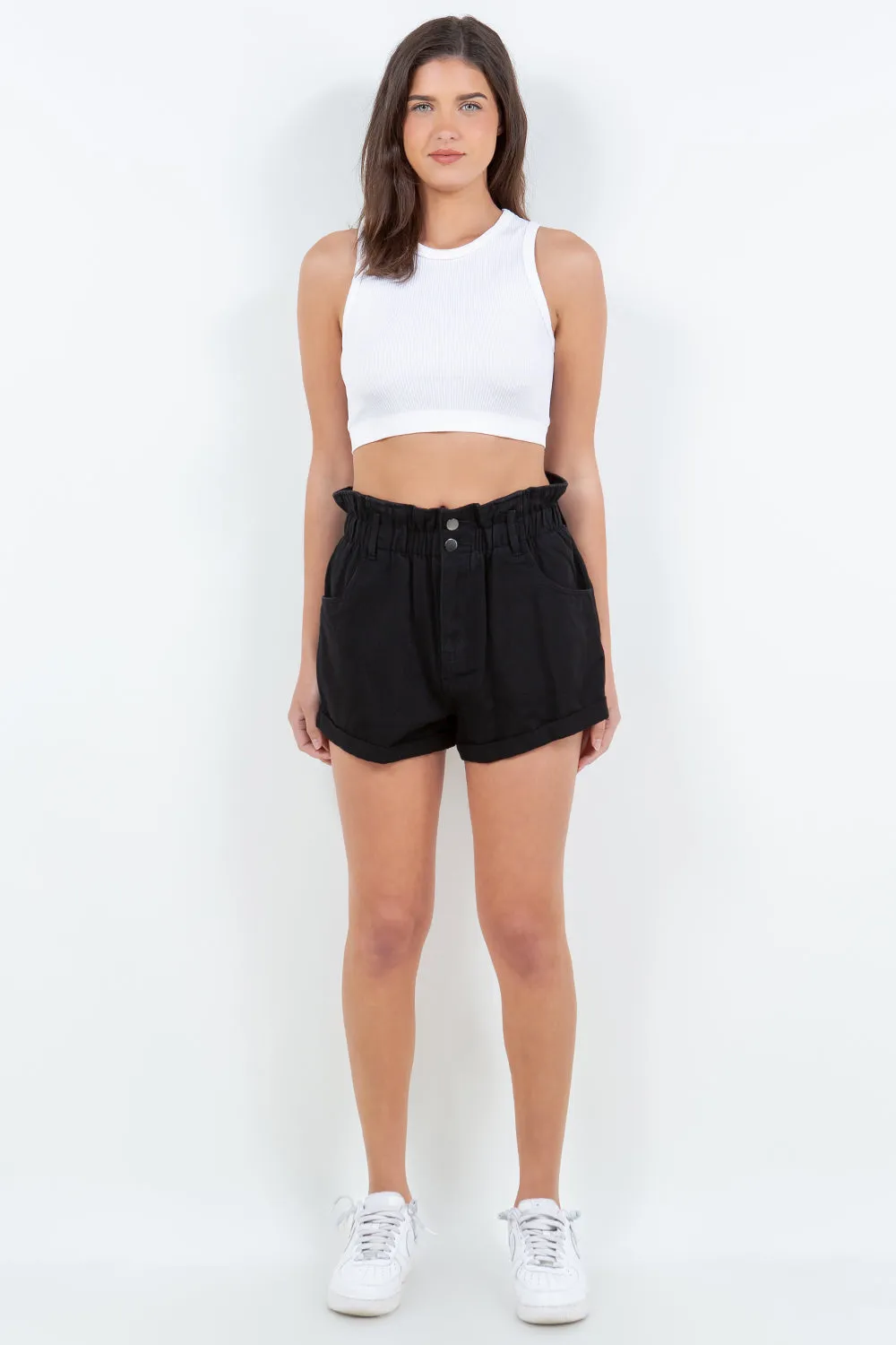 American Bazi Black High Waist Paper Bag Shorts