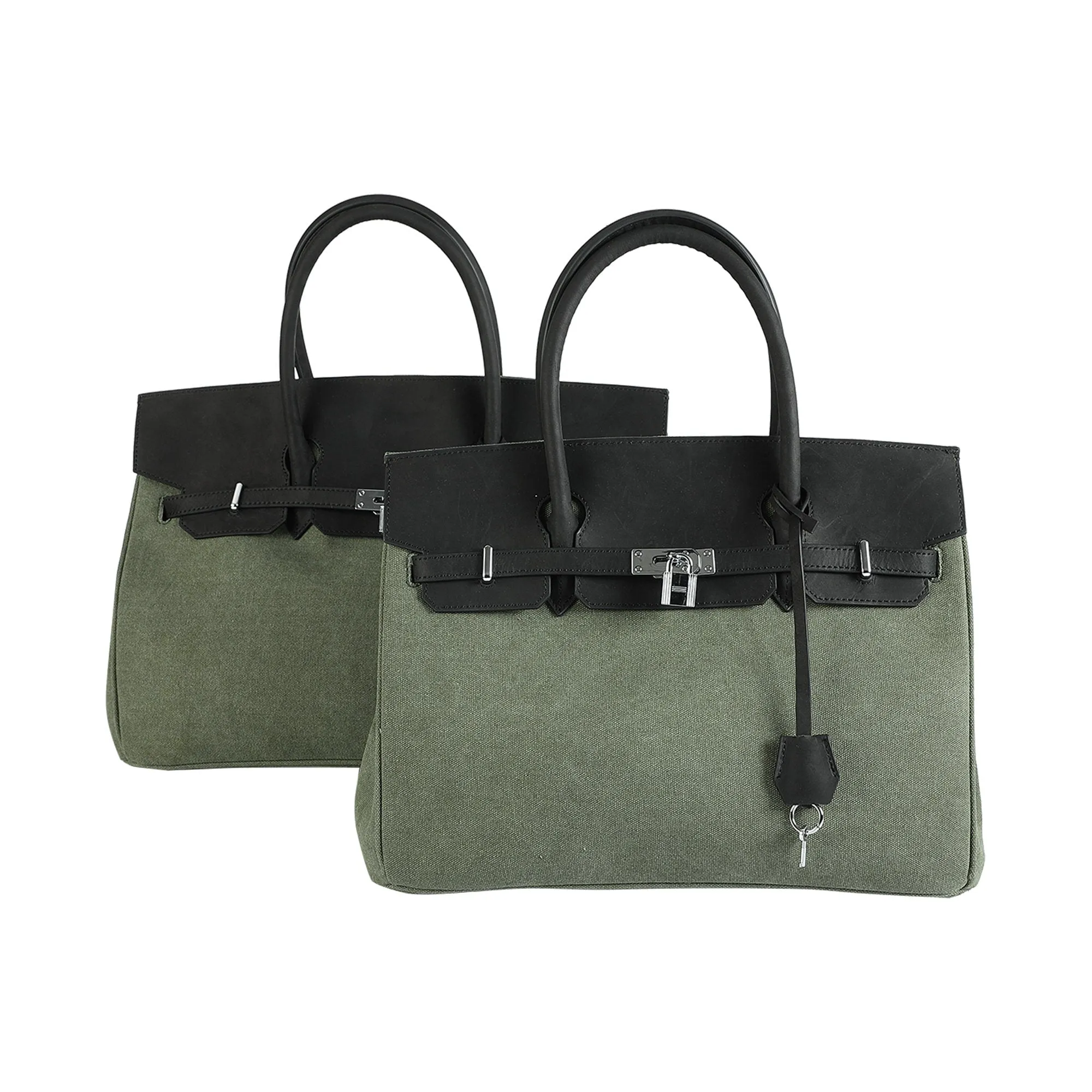 Army green Retro canvas leather tote men women's weekender travel overnight weekend handbag