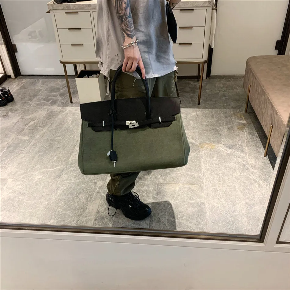 Army green Retro canvas leather tote men women's weekender travel overnight weekend handbag