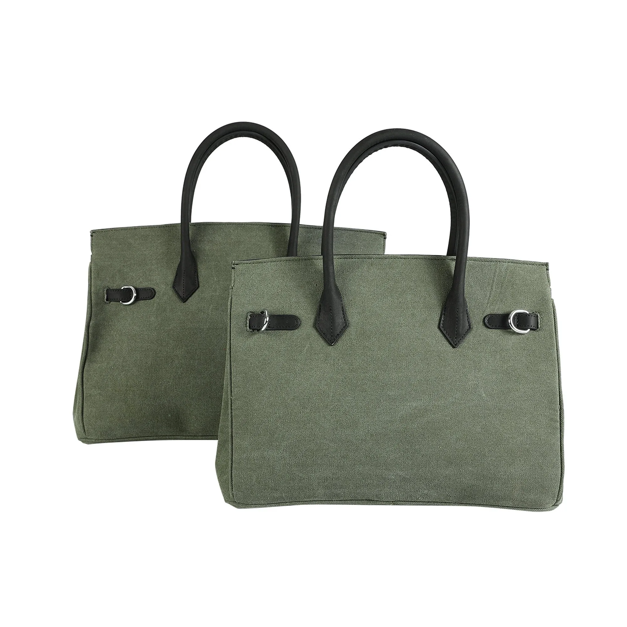 Army green Retro canvas leather tote men women's weekender travel overnight weekend handbag