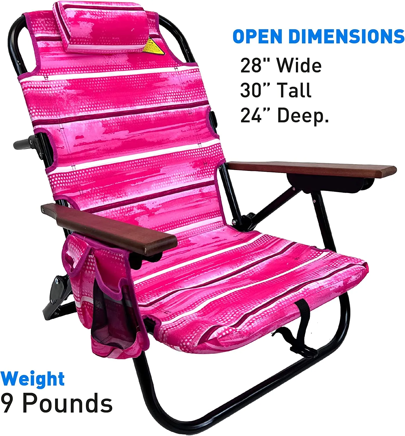 Backpack Beach Chair - 5 Positions and Lays Flat – Deluxe Wood Arm Rests – Cup Holder Storage Pouch on Side - Padded Pillow - Storage Bag on Back – Lightweight Rustproof Aluminum – 2 Pack Pink Stripes