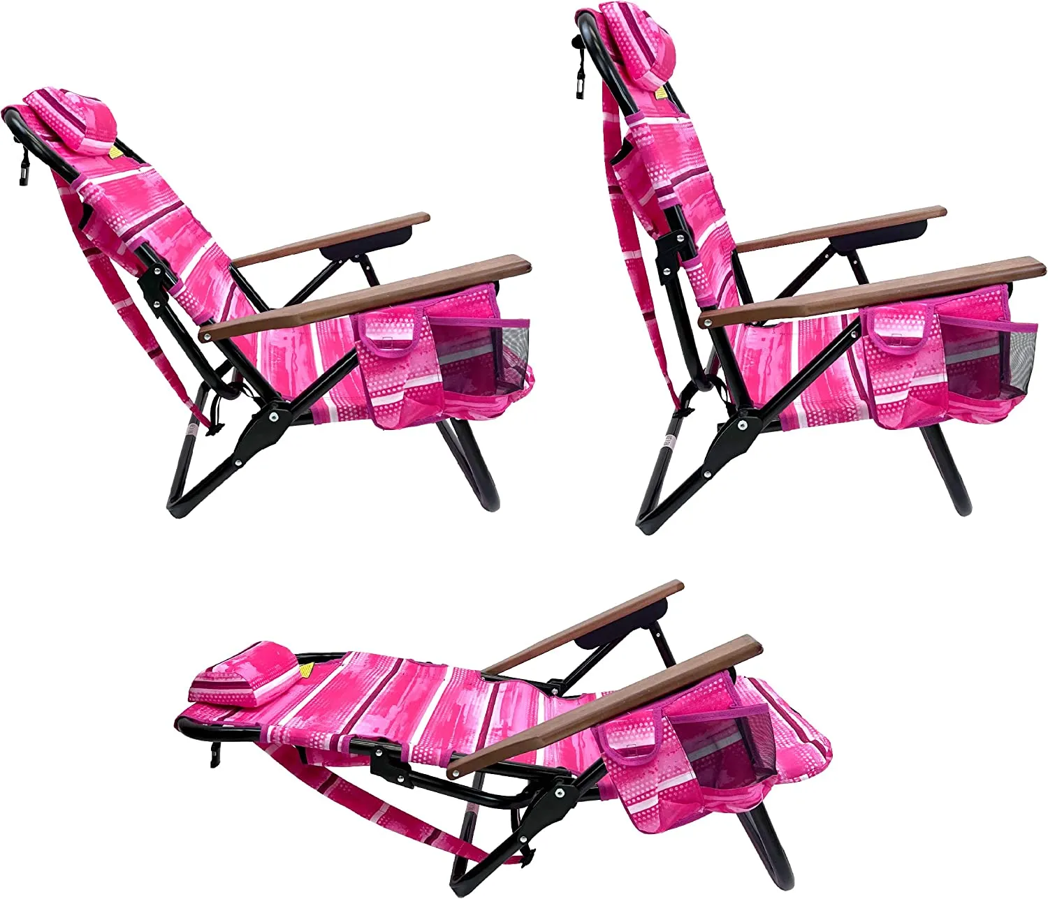 Backpack Beach Chair - 5 Positions and Lays Flat – Deluxe Wood Arm Rests – Cup Holder Storage Pouch on Side - Padded Pillow - Storage Bag on Back – Lightweight Rustproof Aluminum – 2 Pack Pink Stripes