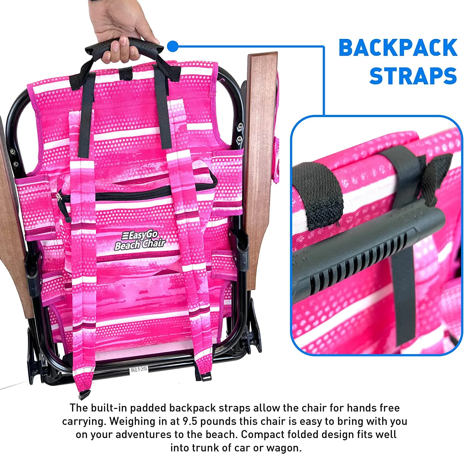 Backpack Beach Chair - 5 Positions and Lays Flat – Deluxe Wood Arm Rests – Cup Holder Storage Pouch on Side - Padded Pillow - Storage Bag on Back – Lightweight Rustproof Aluminum – 2 Pack Pink Stripes