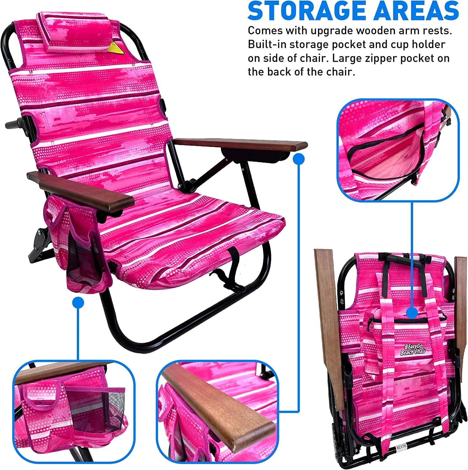 Backpack Beach Chair - 5 Positions and Lays Flat – Deluxe Wood Arm Rests – Cup Holder Storage Pouch on Side - Padded Pillow - Storage Bag on Back – Lightweight Rustproof Aluminum – 2 Pack Pink Stripes