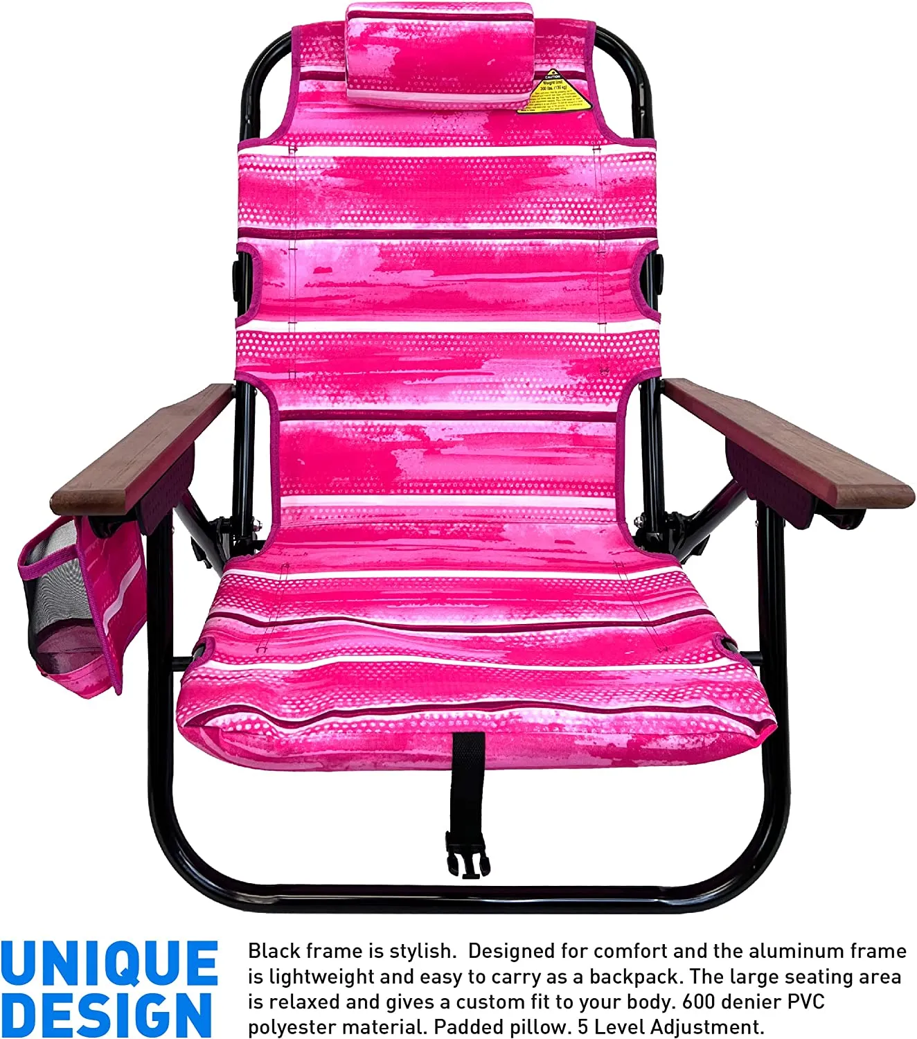 Backpack Beach Chair - 5 Positions and Lays Flat – Deluxe Wood Arm Rests – Cup Holder Storage Pouch on Side - Padded Pillow - Storage Bag on Back – Lightweight Rustproof Aluminum – 2 Pack Pink Stripes