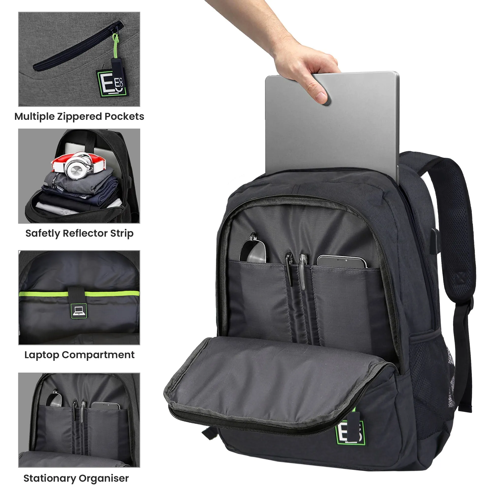 Backpack with 5 Compartments, USB Laptop & Phone Charging Port