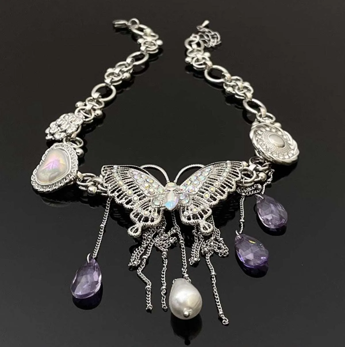 Baroque Style 3D Crystal Butterfly Tassel Chain Necklace