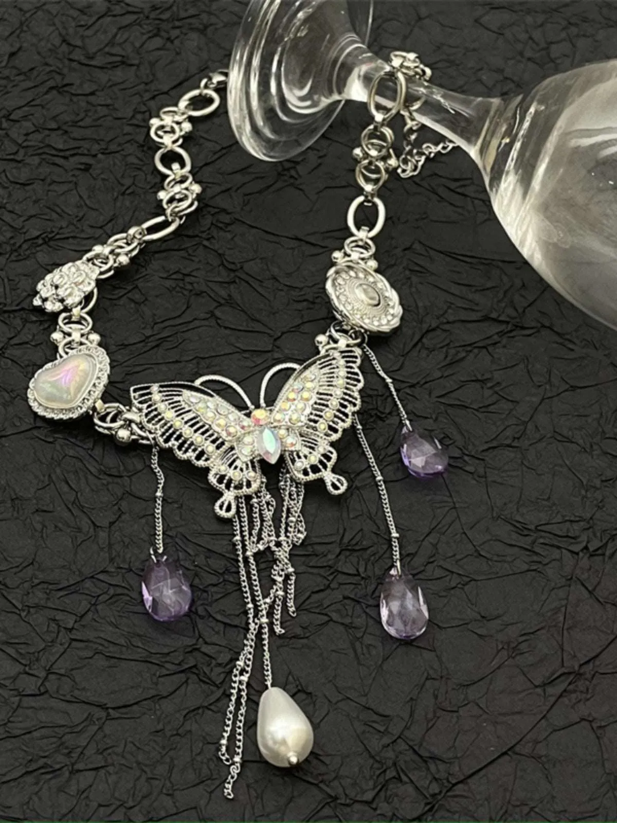 Baroque Style 3D Crystal Butterfly Tassel Chain Necklace