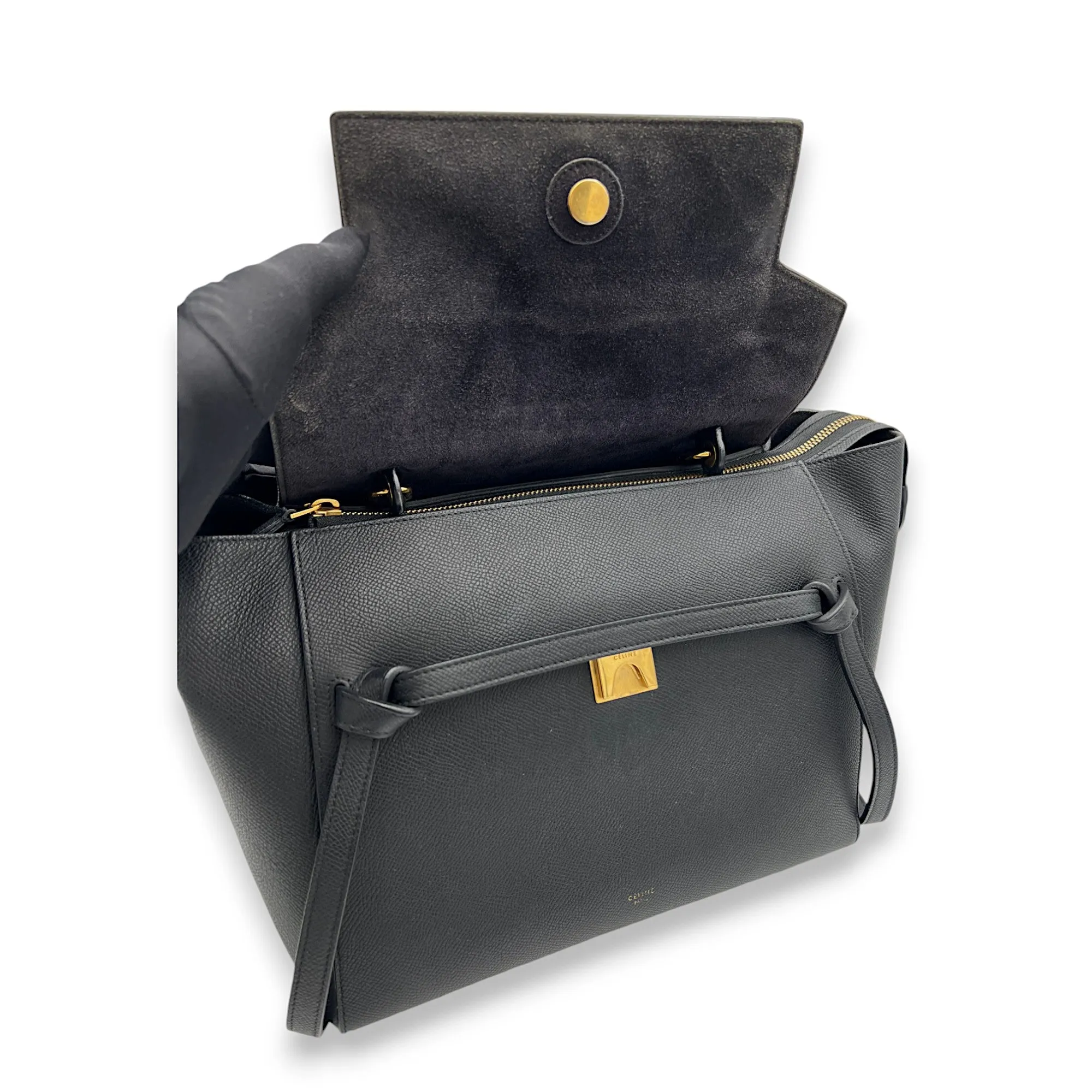 Belt Bag Mini Black Top Handle Bag in Calfskin, Gold hardware