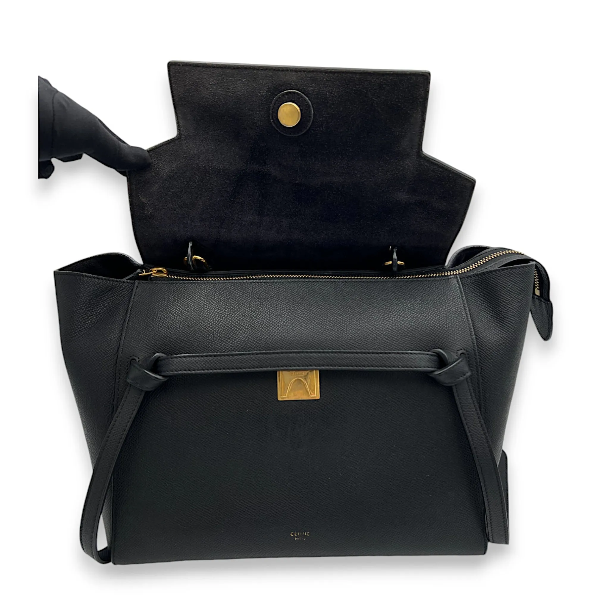 Belt Bag Mini Black Top Handle Bag in Calfskin, Gold hardware