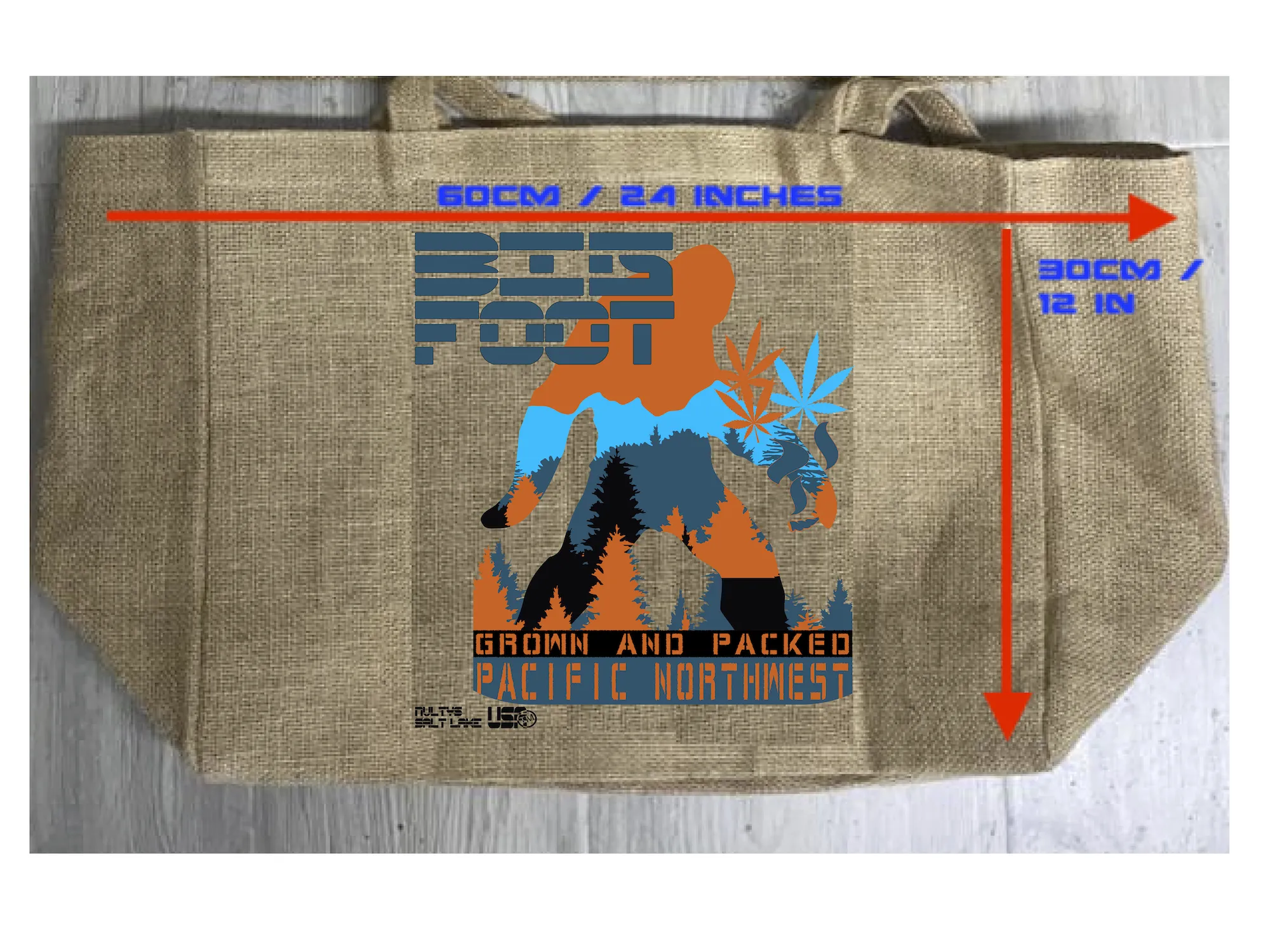 BIGFOOT MARIJUANA BURLAP TOTE BAG