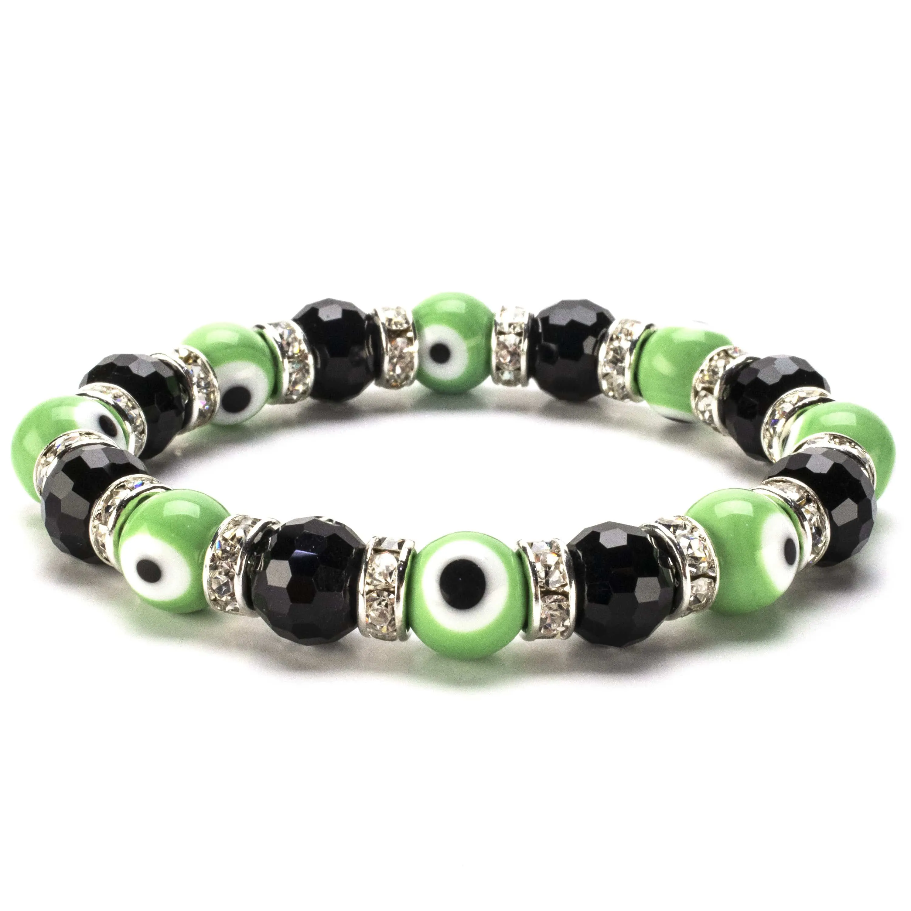 Black & Lime Evil Eye Glass Bracelet with Cubic Zirconia Crystals