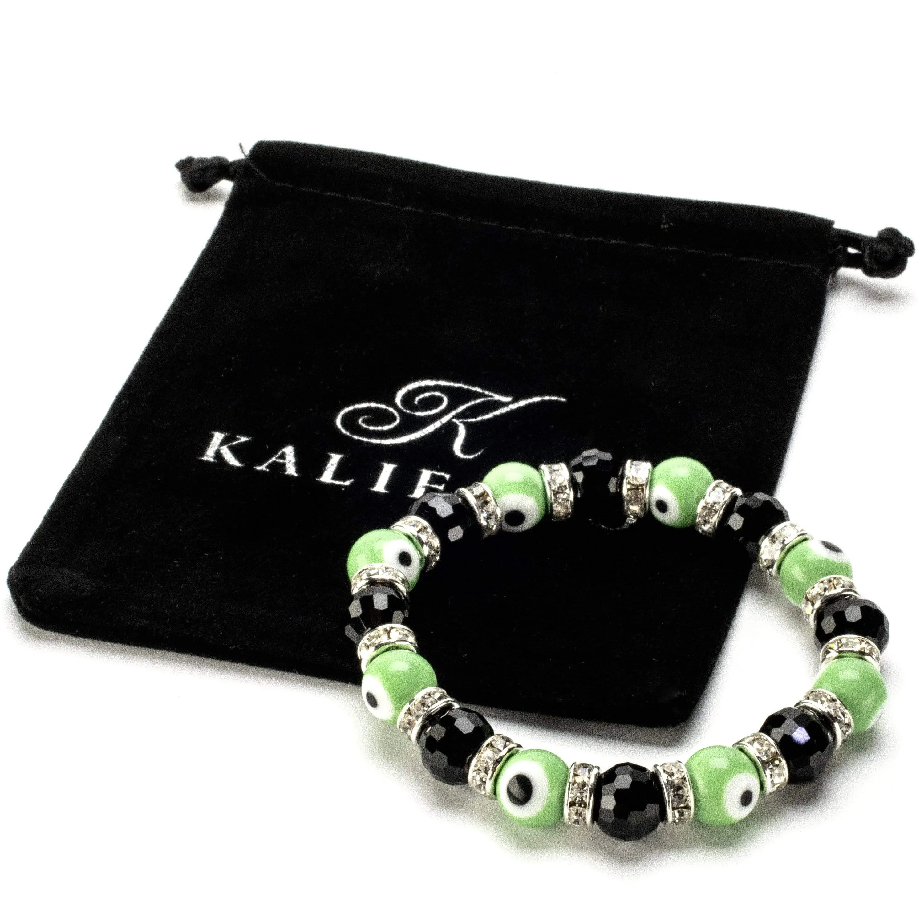 Black & Lime Evil Eye Glass Bracelet with Cubic Zirconia Crystals