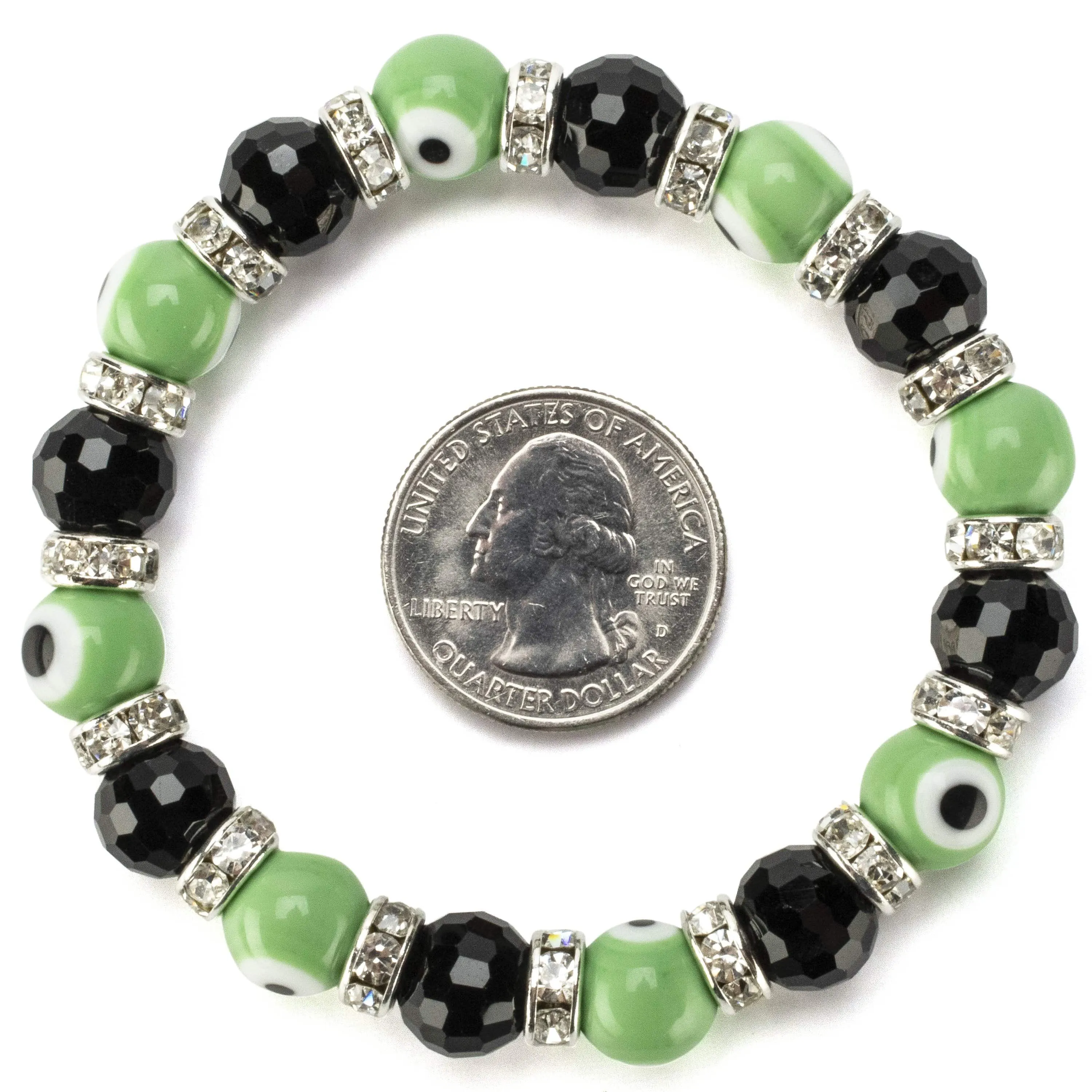 Black & Lime Evil Eye Glass Bracelet with Cubic Zirconia Crystals