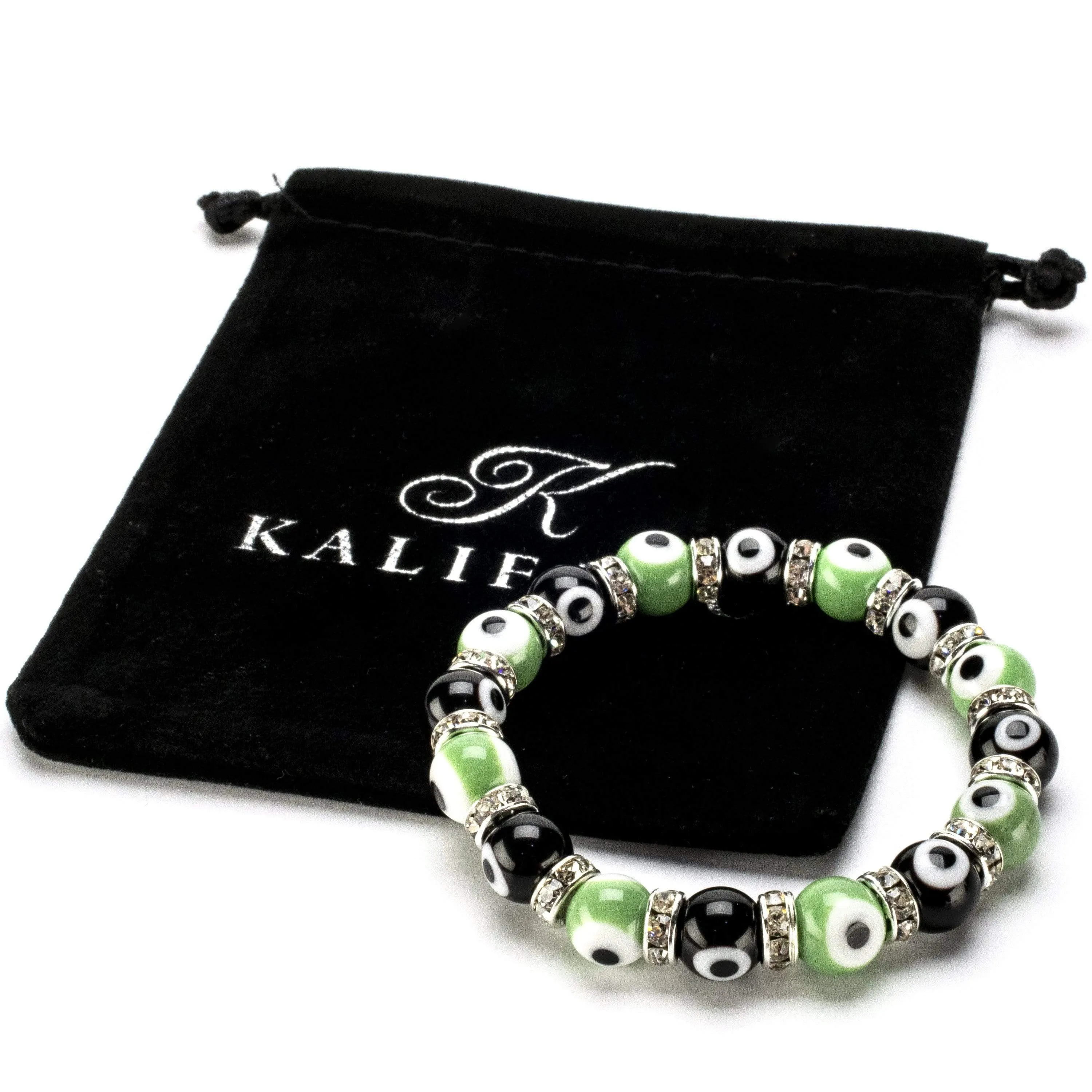 Black and Green Evil Eye Glass Bracelet with Cubic Zirconia Crystals