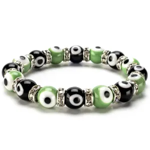 Black and Green Evil Eye Glass Bracelet with Cubic Zirconia Crystals