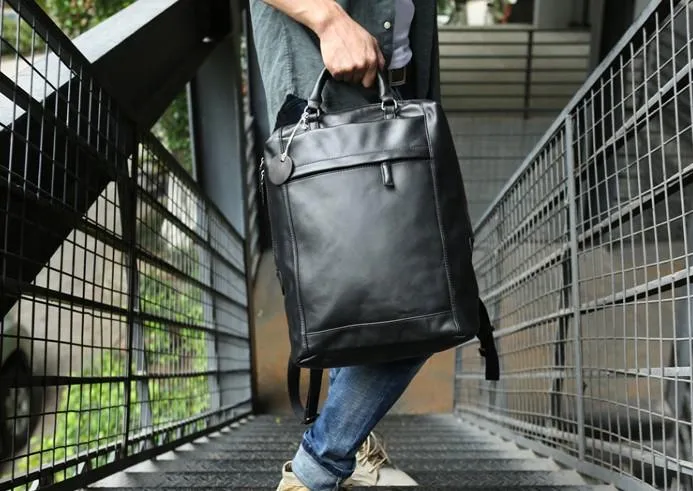 Black Leather Mens Backpack Travel Backpack Laptop Backpack for men