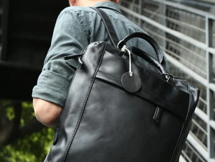 Black Leather Mens Backpack Travel Backpack Laptop Backpack for men