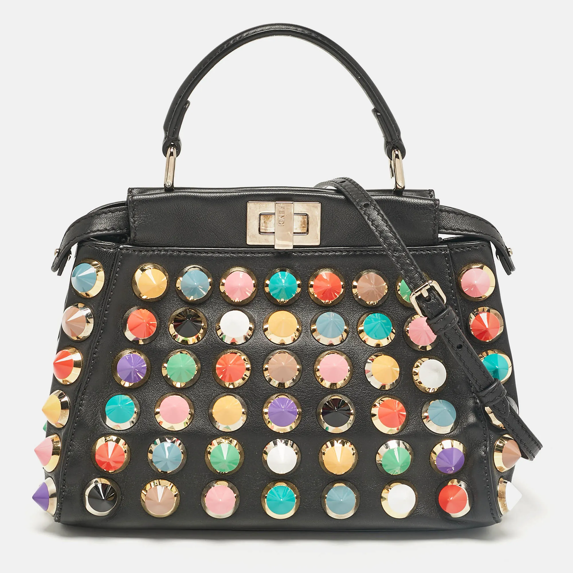 Black Leather Multicolor Studs Mini Peekaboo Top Handle Bag