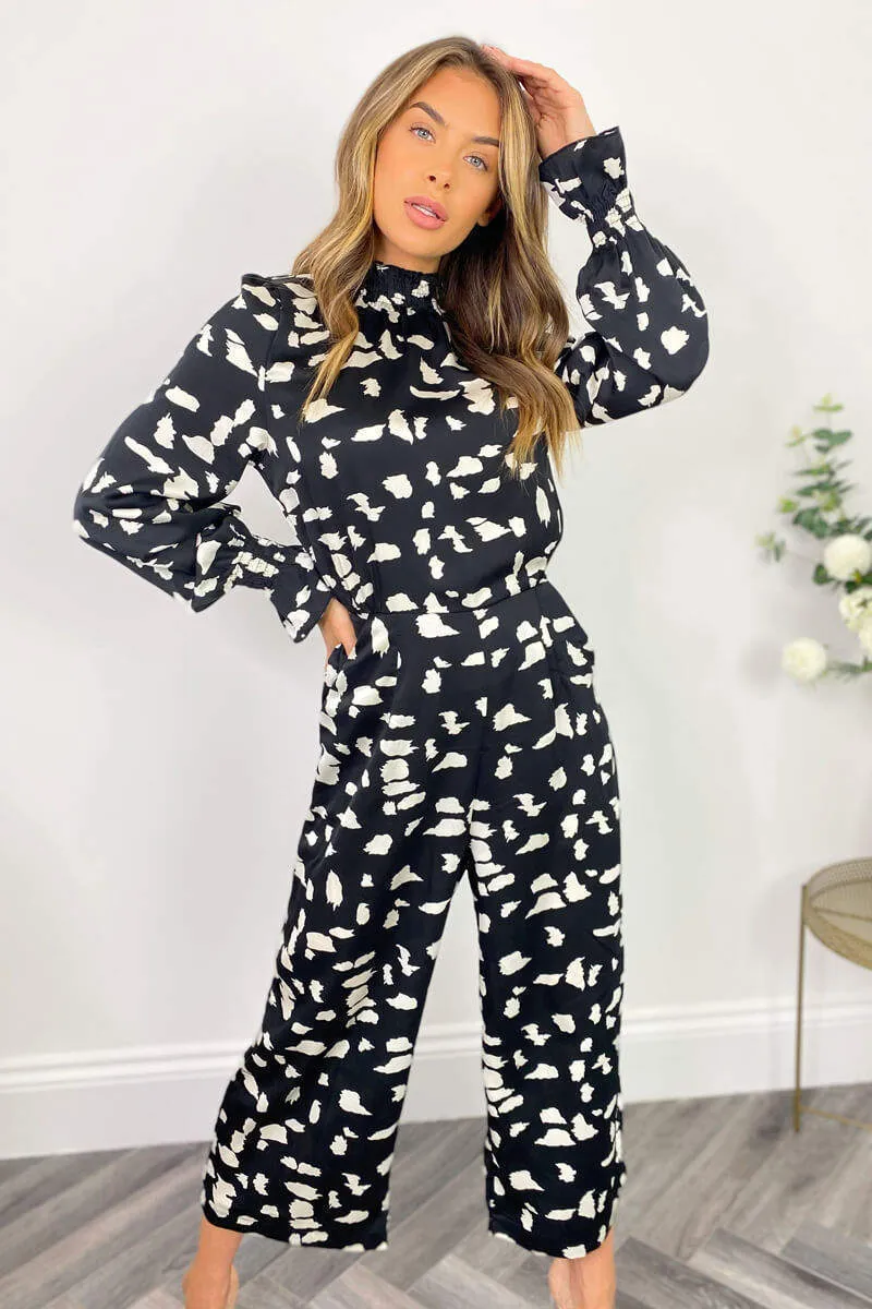 Black Printed Long Sleeve Elasticated Neck Jumpsuit